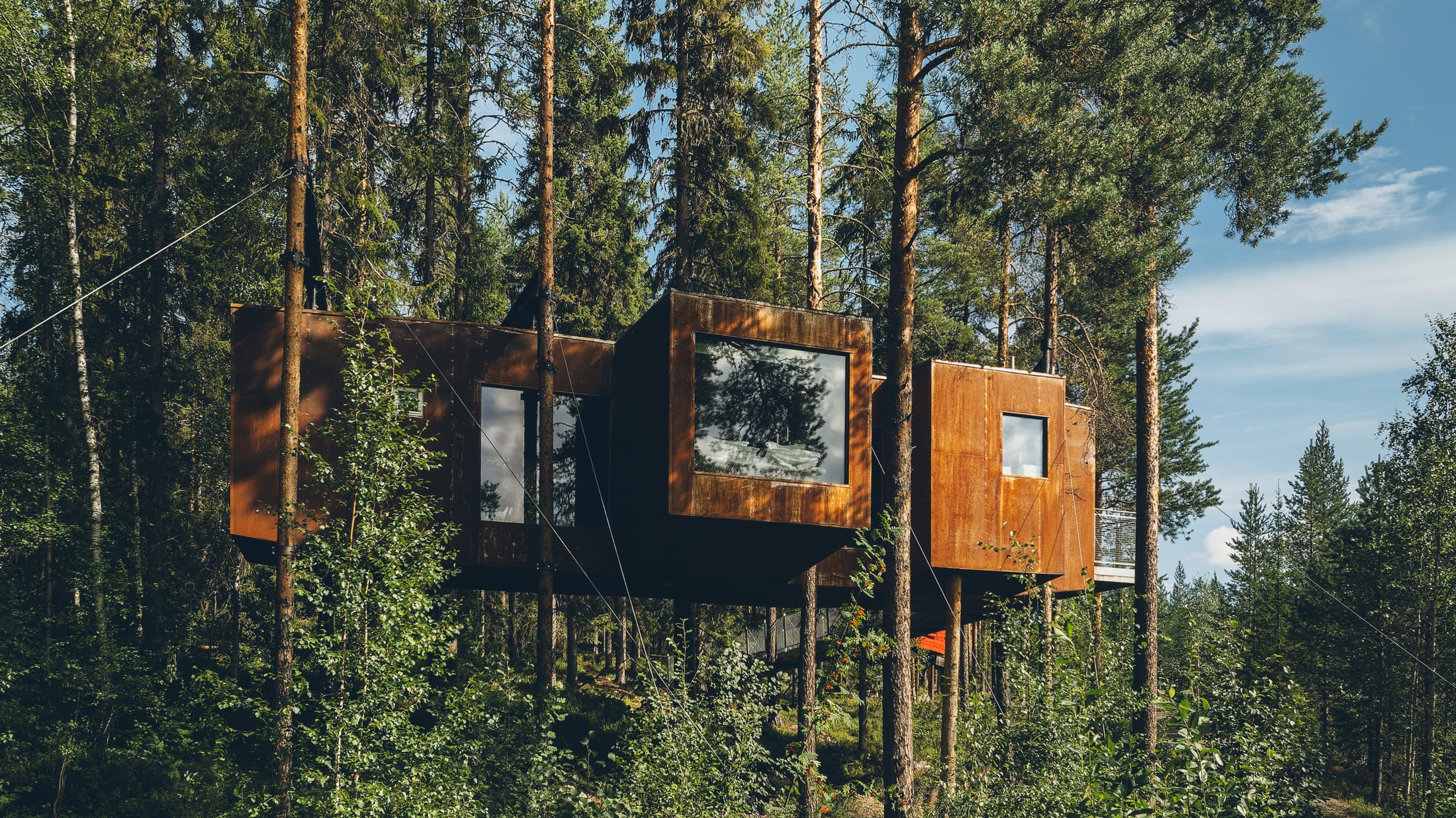 Treehotel — die Dragonfly, ein großes, von rostigem Metall verkleidetes Zimmer, getragen von sechs Kiefern