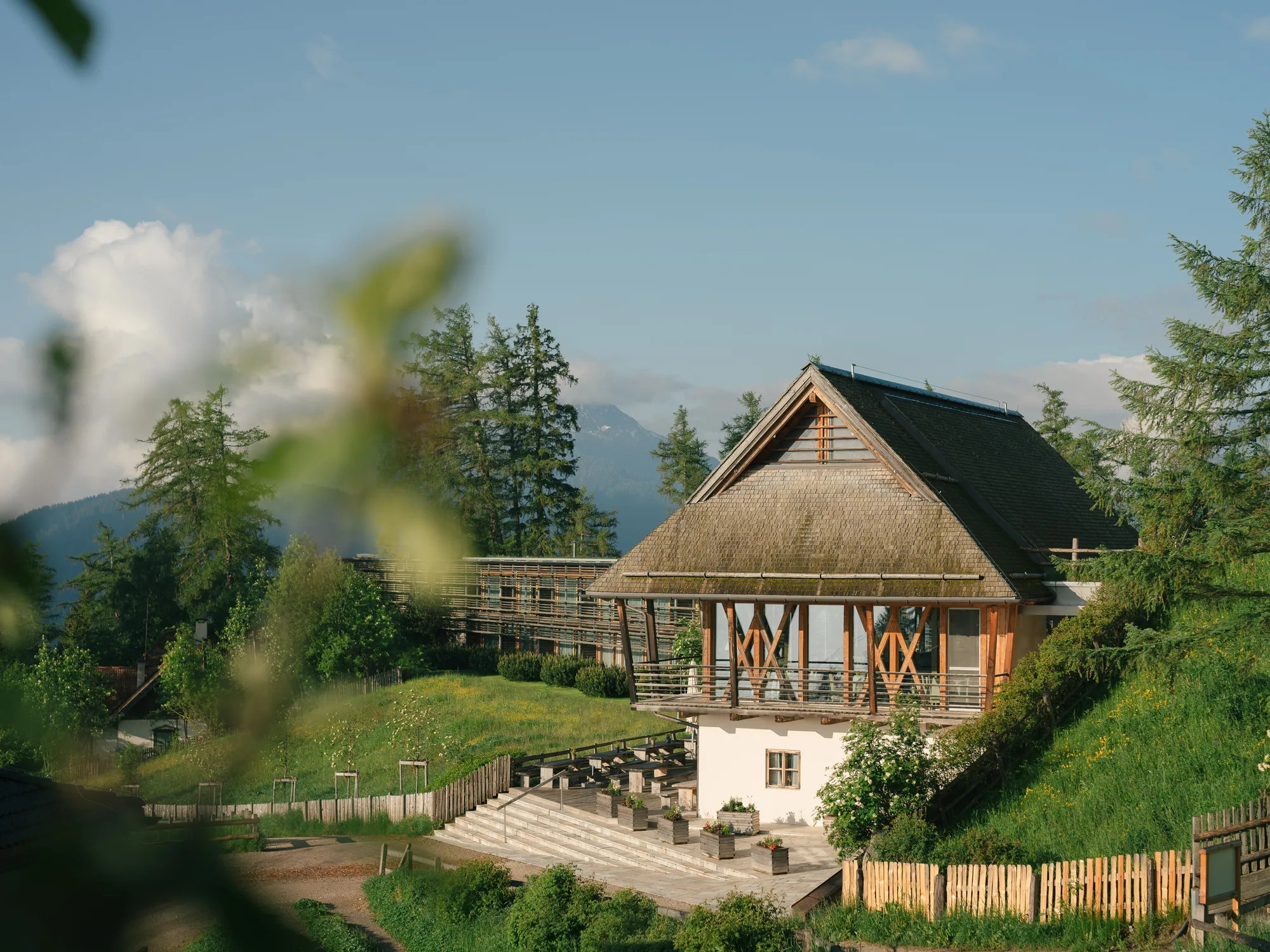 Historic pavilion and terrace at vigilius mountain resort on the Vigiljoch.