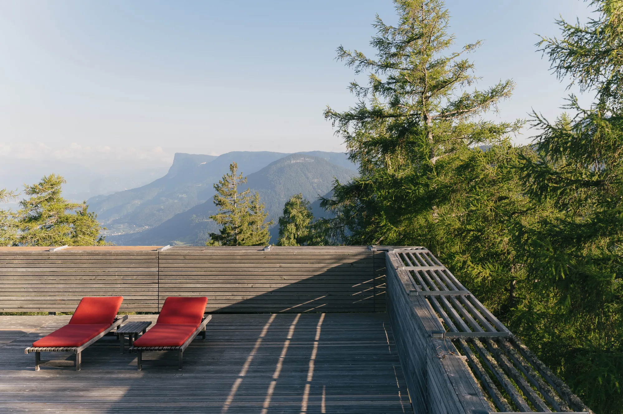 Panorama terrace overlooking the South Tyrolean mountains at vigilius mountain resort.